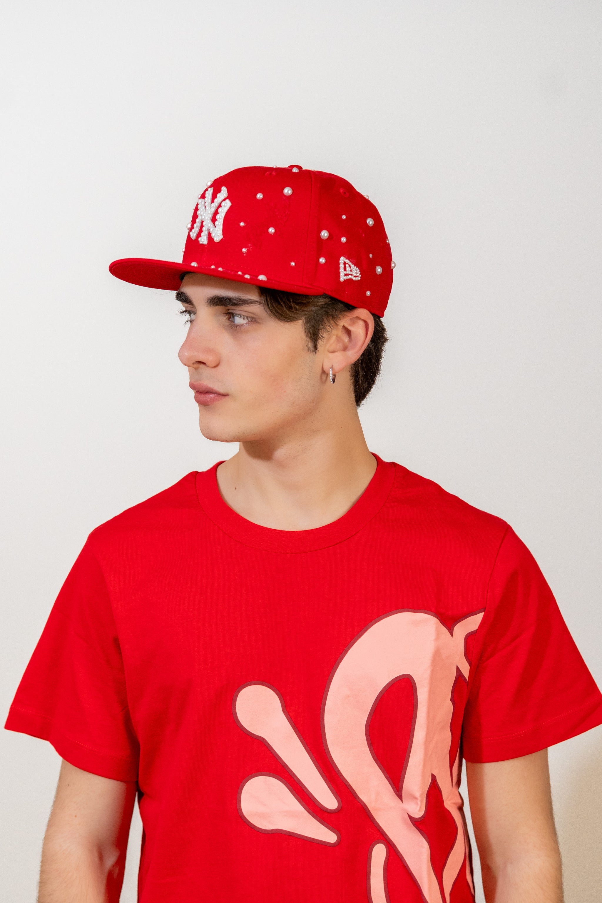 Snapback Cap Red New York Distressed Pearl