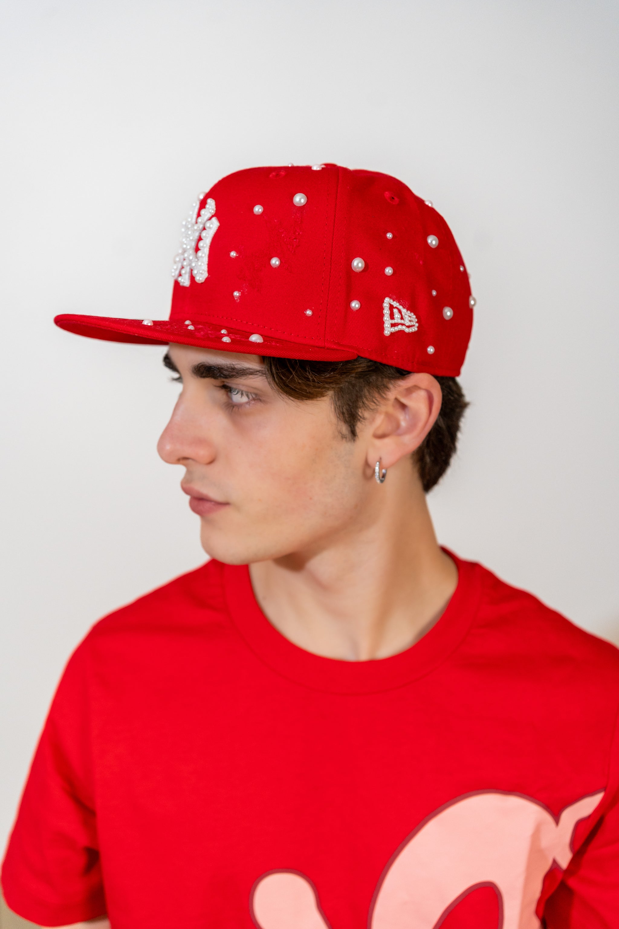 Snapback Cap Red New York Distressed Pearl